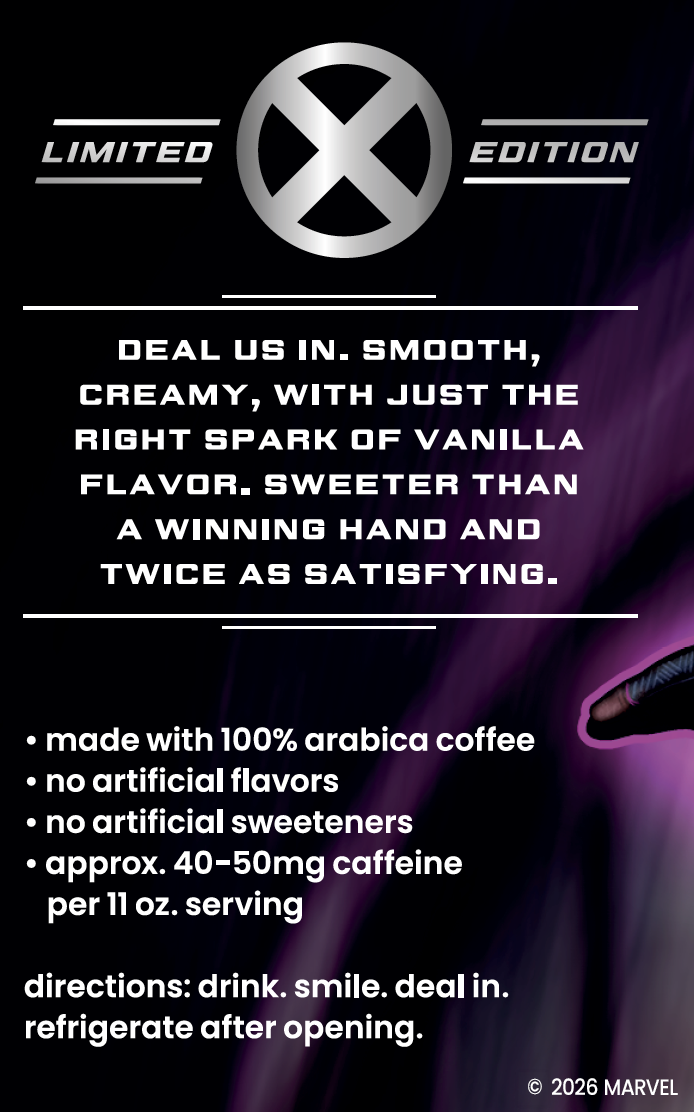 Promotional graphic for an X-Men 'Limited Edition' coffee product on a black background with purple lighting. The design features the silver X-Men logo at the top, descriptive text about the smooth, creamy vanilla-flavored coffee, and bullet points detailing its ingredients and caffeine content.