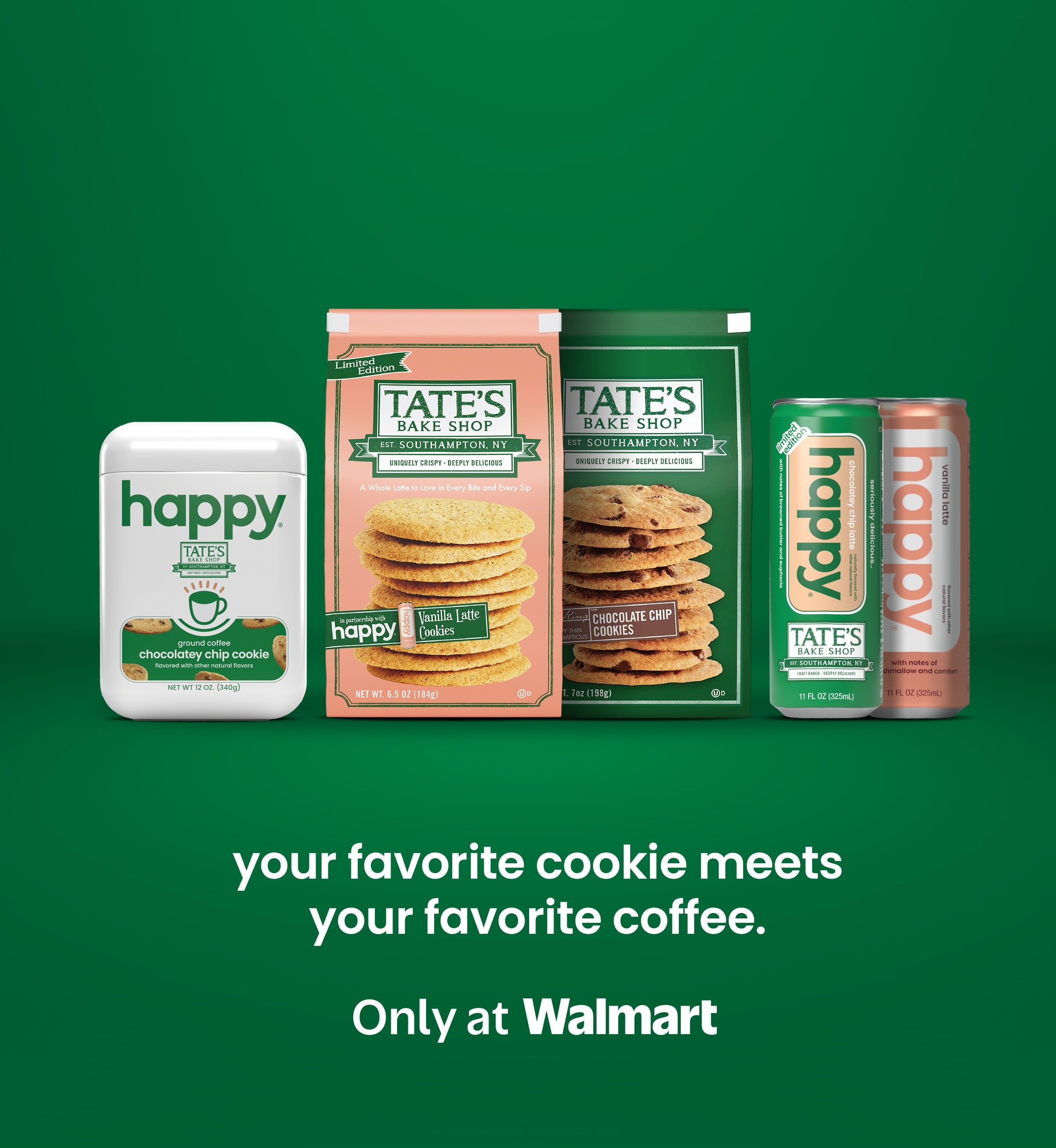 Happy + Tates - your favorite cookie meets your favorite coffee. available exclusively at Walmart