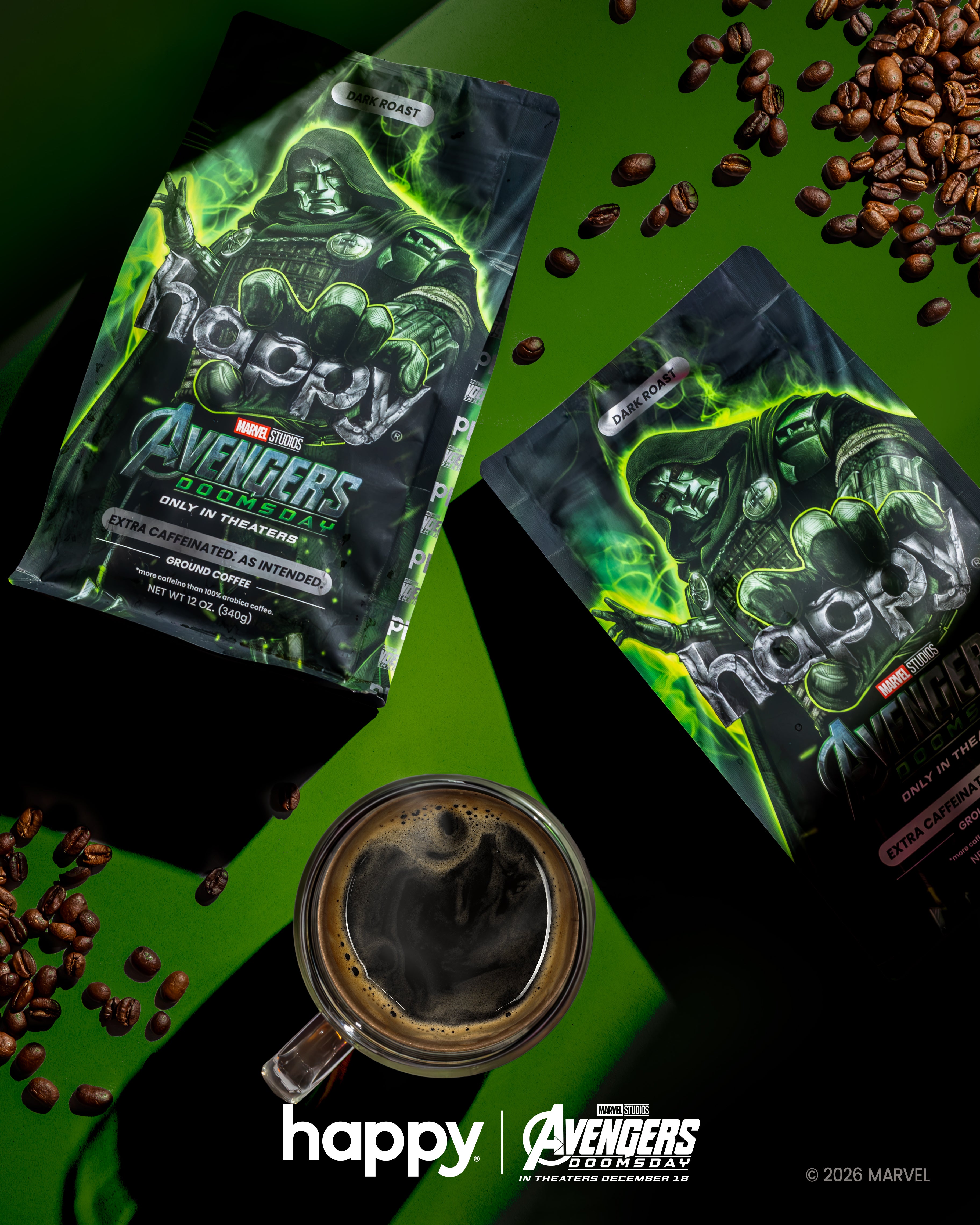 Two bags of ExtraCaffeinated Ground coffee Avengers Doomsday Cans on a green background with brewed coffee and coffee beans