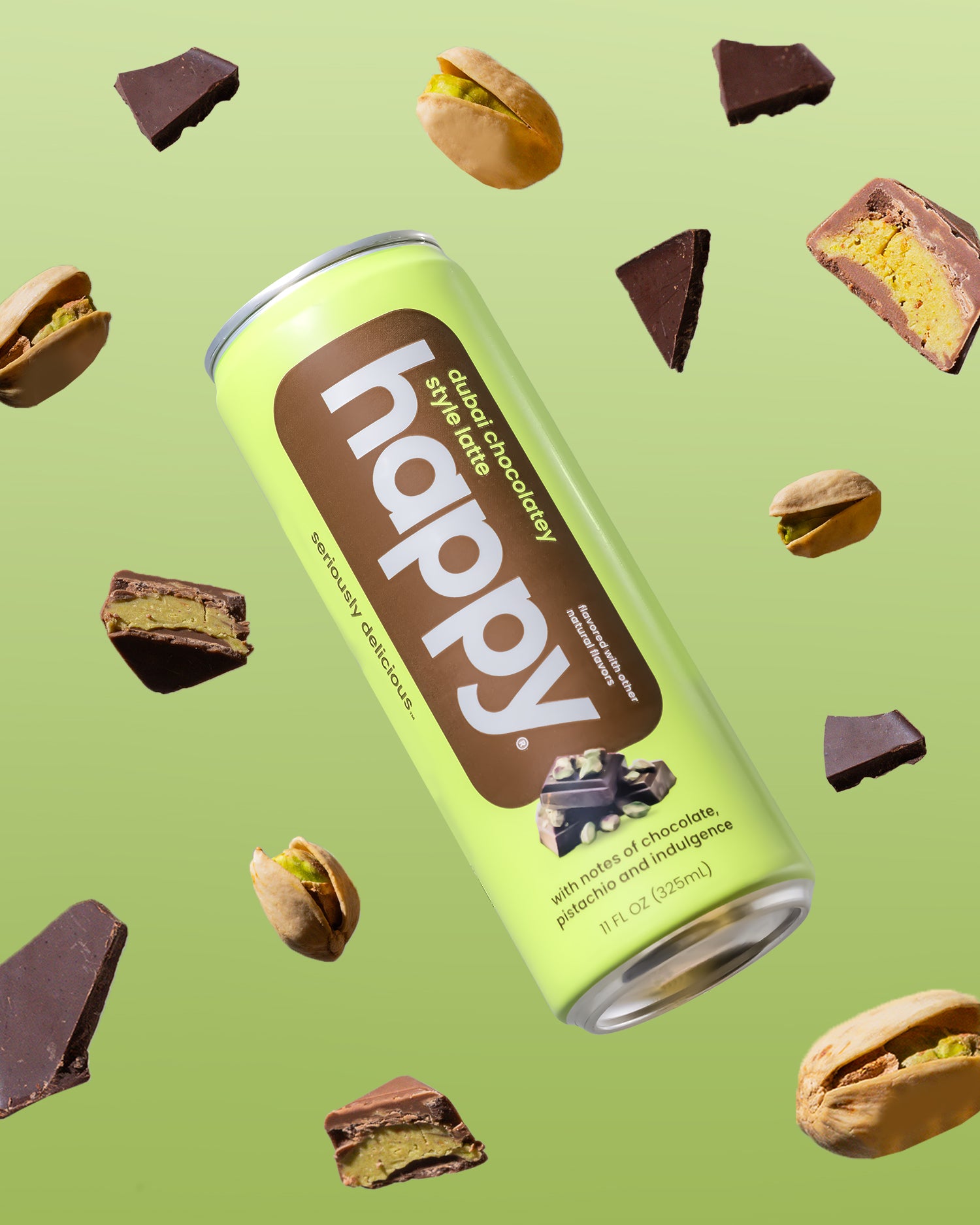 Can of 'happy' chocolatey Dubai Latte on a green background with chocolate pieces around