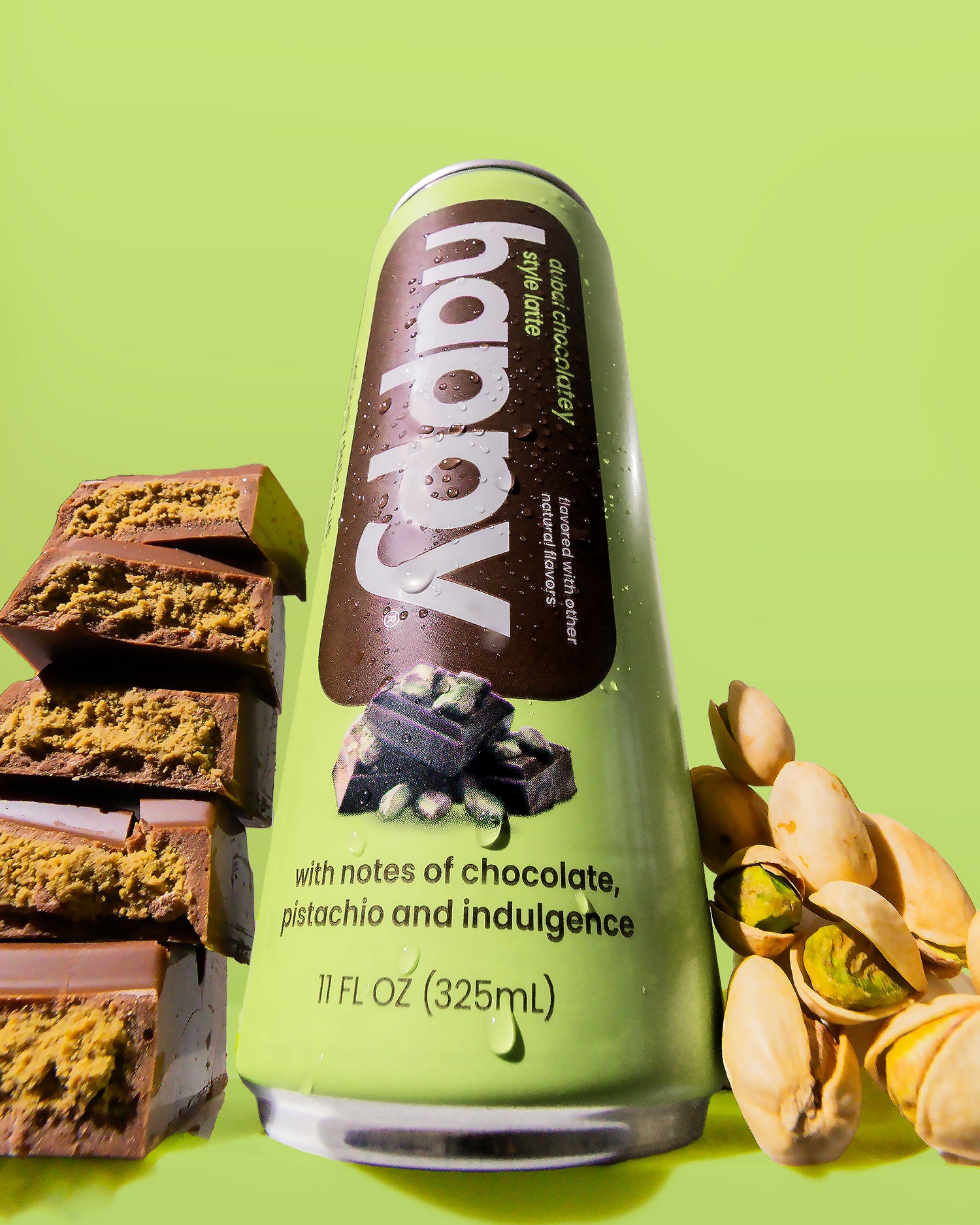 Bottle of 'happy' Dubai Chocolatey Latte with chocolate and pistachio snacks on a green background
