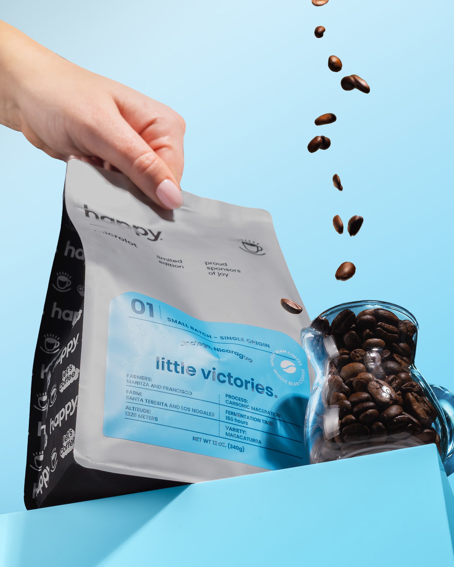 Hand opening a coffee bag labeled 'happy' with coffee beans spilling out on a blue background