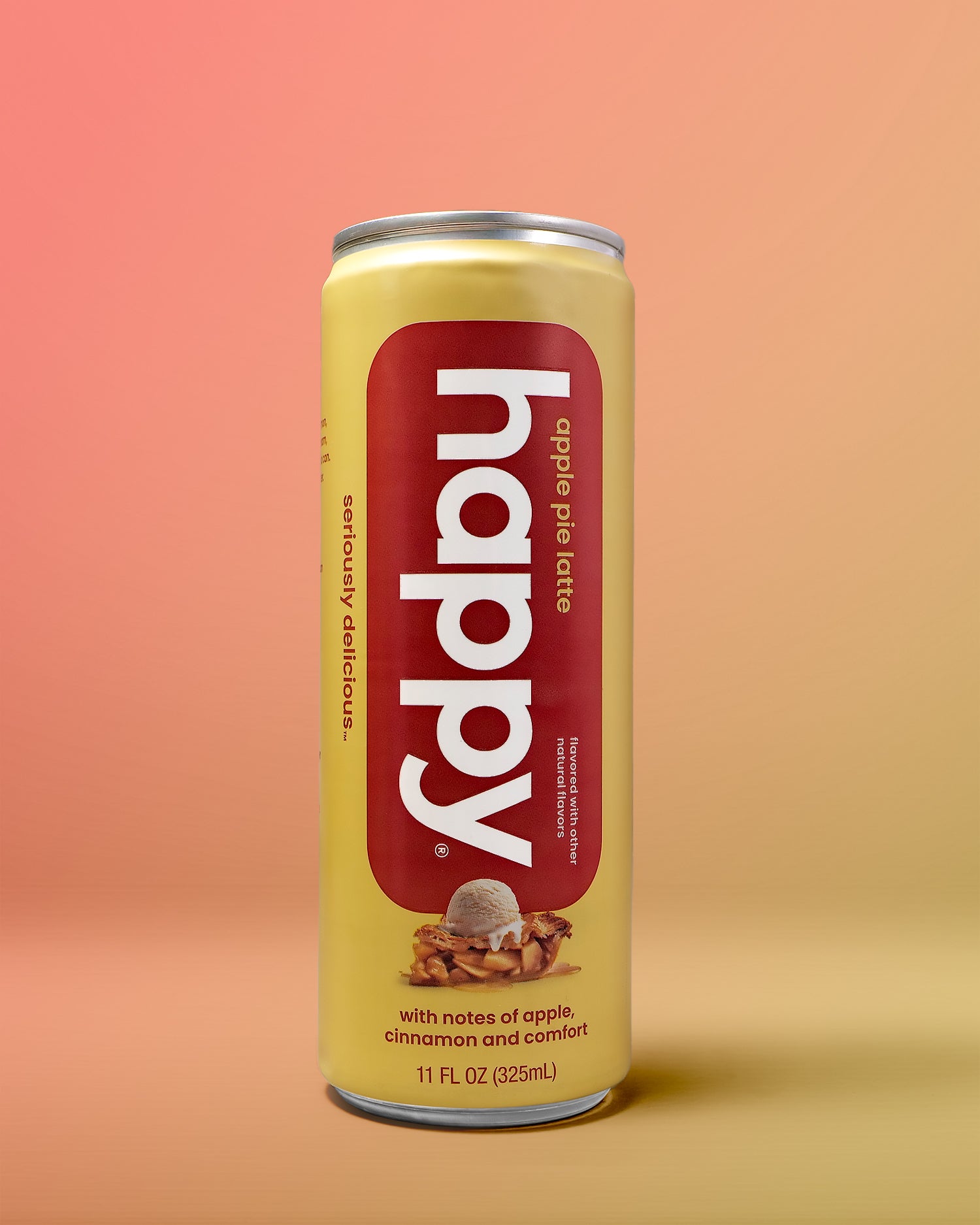 Can of 'happy' apple pie latte on a gradient background