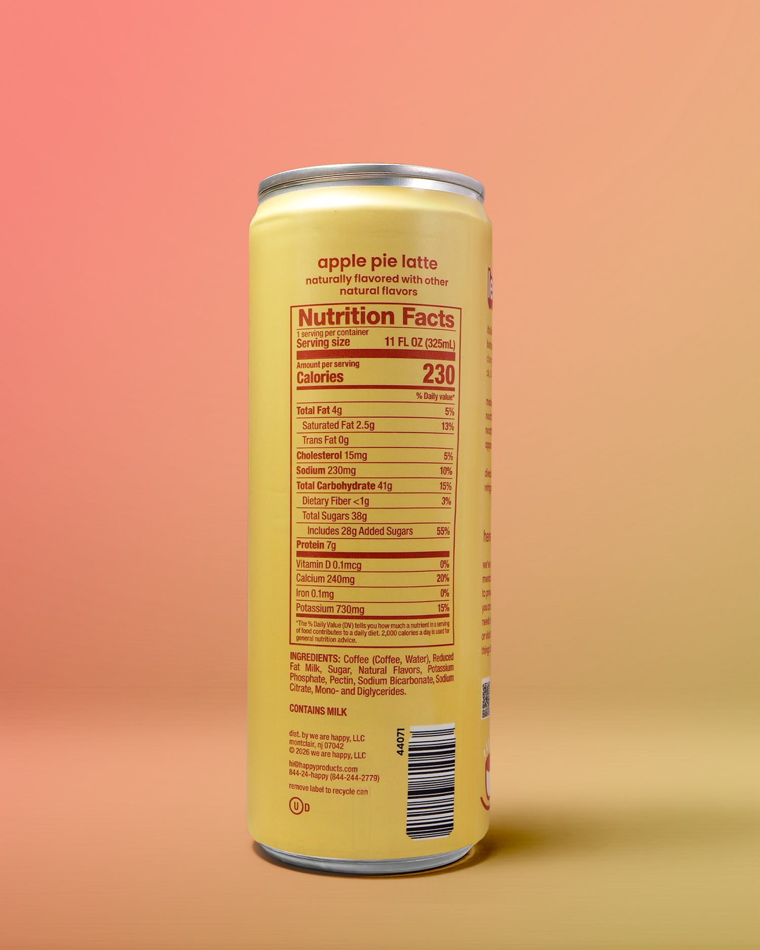 Can of apple pie latte with nutrition facts label on a gradient background