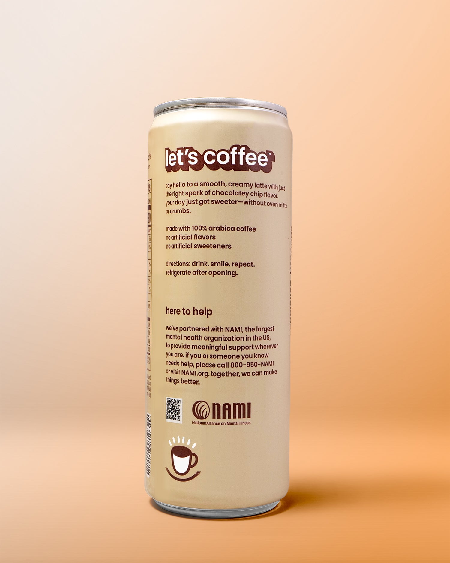 Let's Coffee happy coffee can and product details on a beige background with NAMI