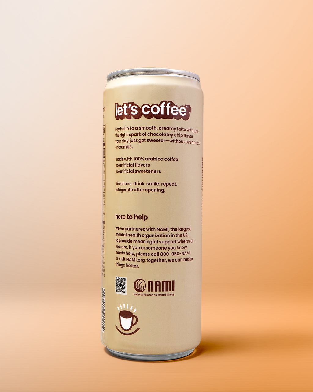 Let's Coffee happy coffee can and product details on a beige background with NAMI