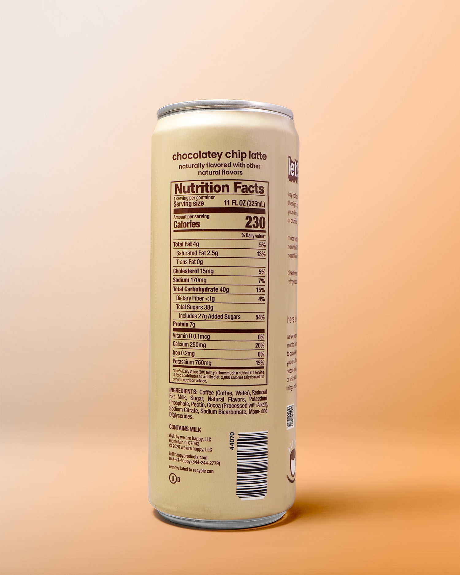 Can of chocolatey chip latte with nutrition facts label on a peach background
