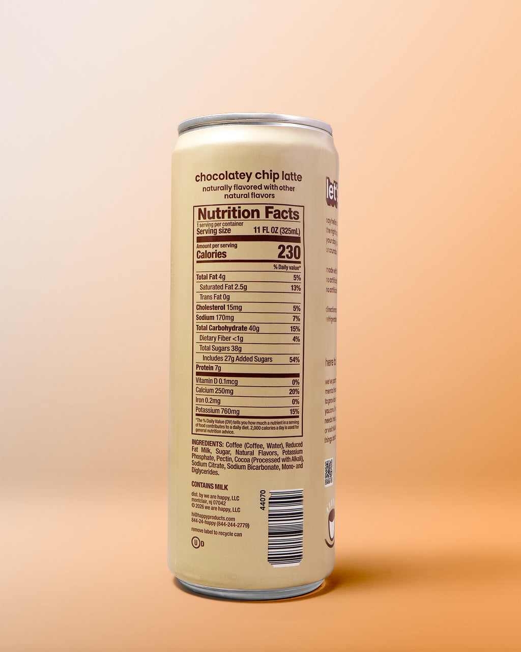 Can of chocolatey chip latte with nutrition facts label on a peach background