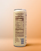 Can of chocolatey chip latte with nutrition facts label on a peach background
