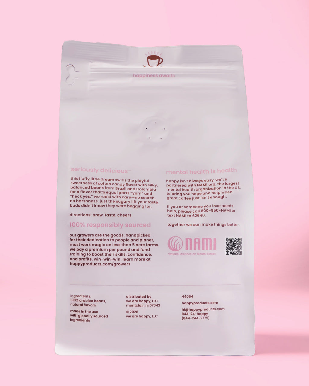 Back of Happy Cotton candy Cloud Ground Coffee on a Pink Background