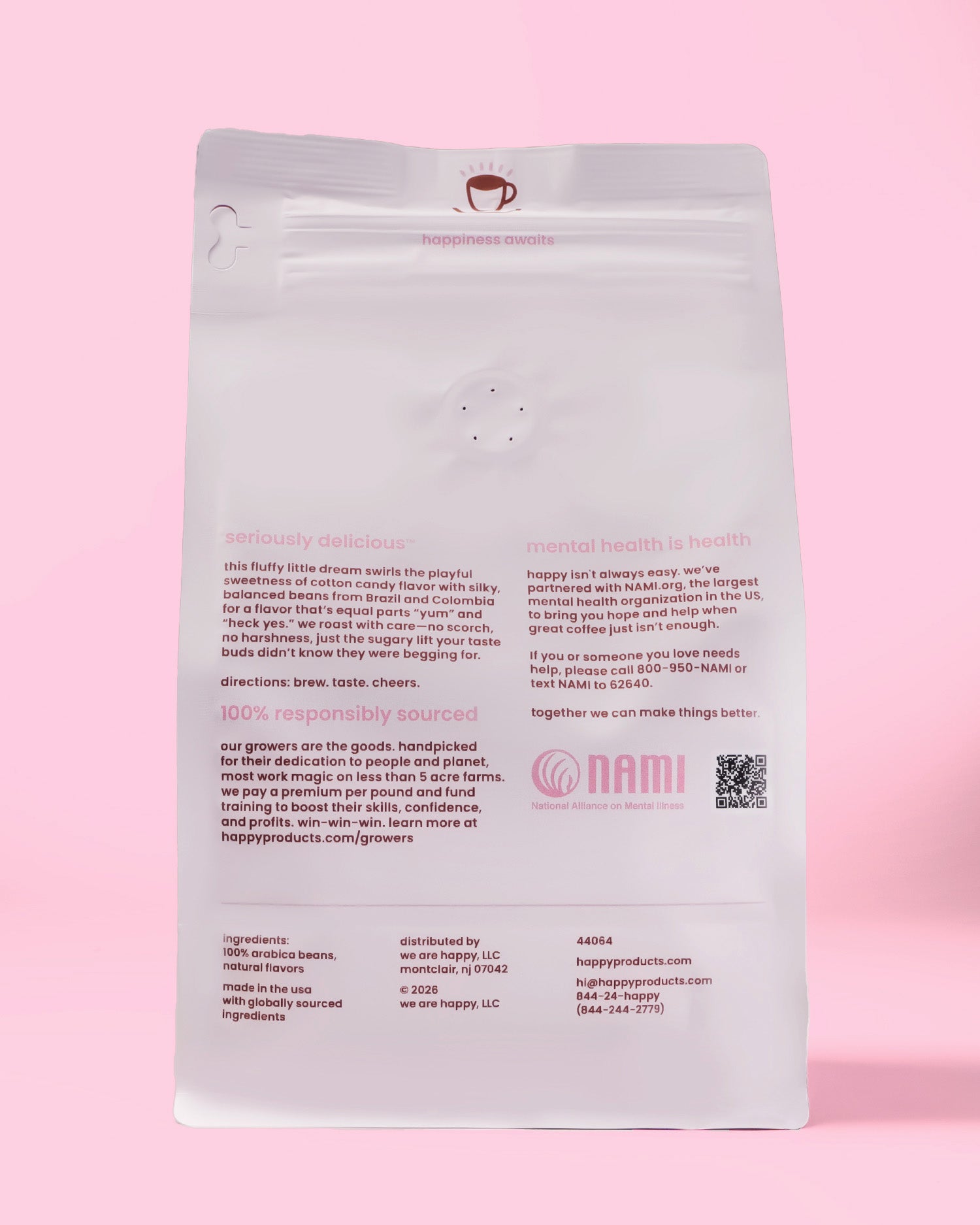 Back of Happy Cotton candy Cloud Ground Coffee on a Pink Background