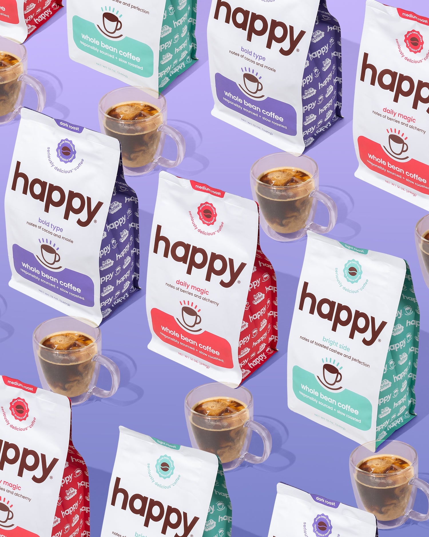 Multiple packages of 'happy' coffee with cups of coffee on a purple background