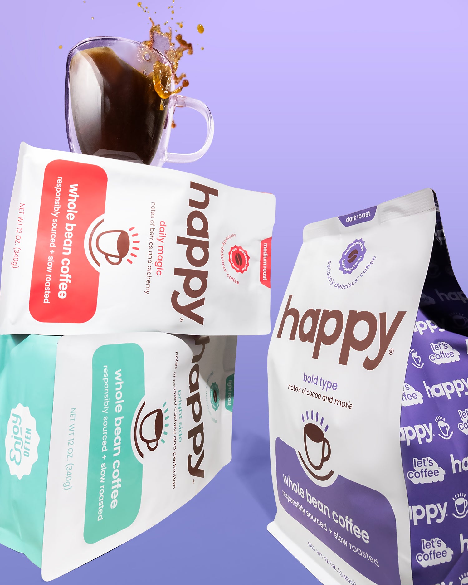 Happy brand coffee packages on a purple background