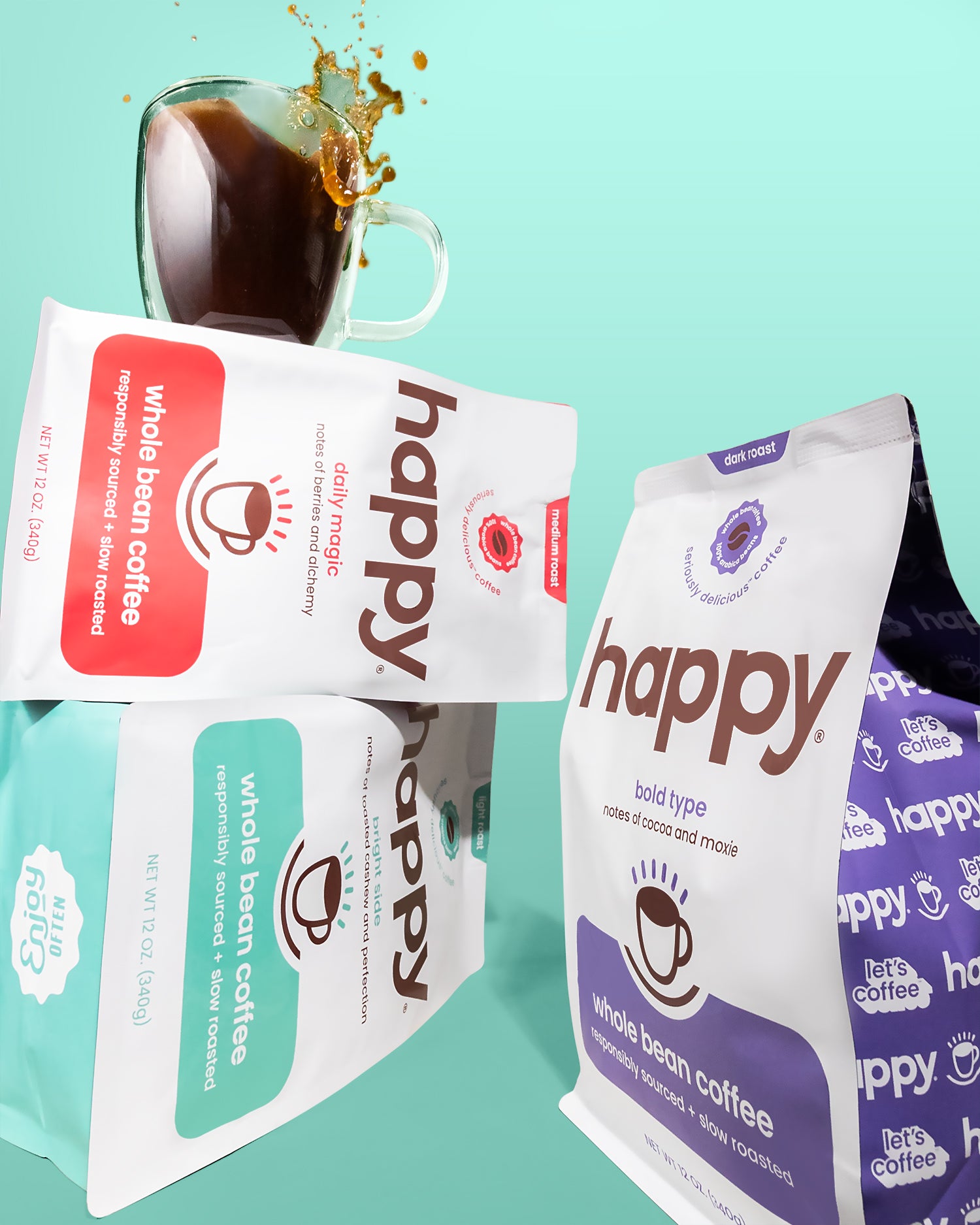 Three packages of 'happy' coffee on a teal background with a cup of coffee.