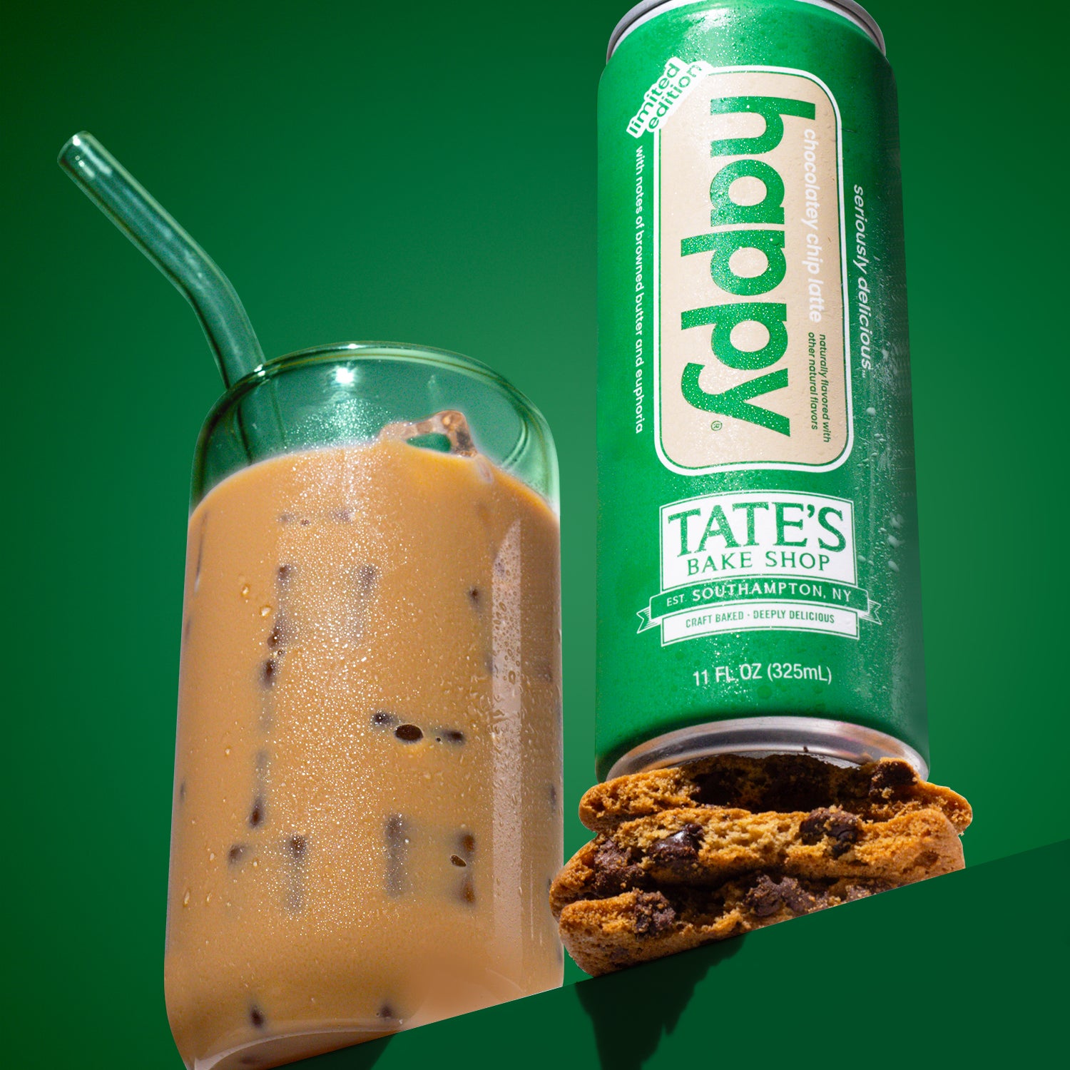 Happy Chocolate Chip Cookie Latte next to a glass of latte