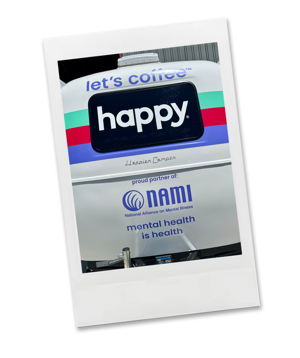 A Camper with 'happy' logo and NAMI branding on a white background
