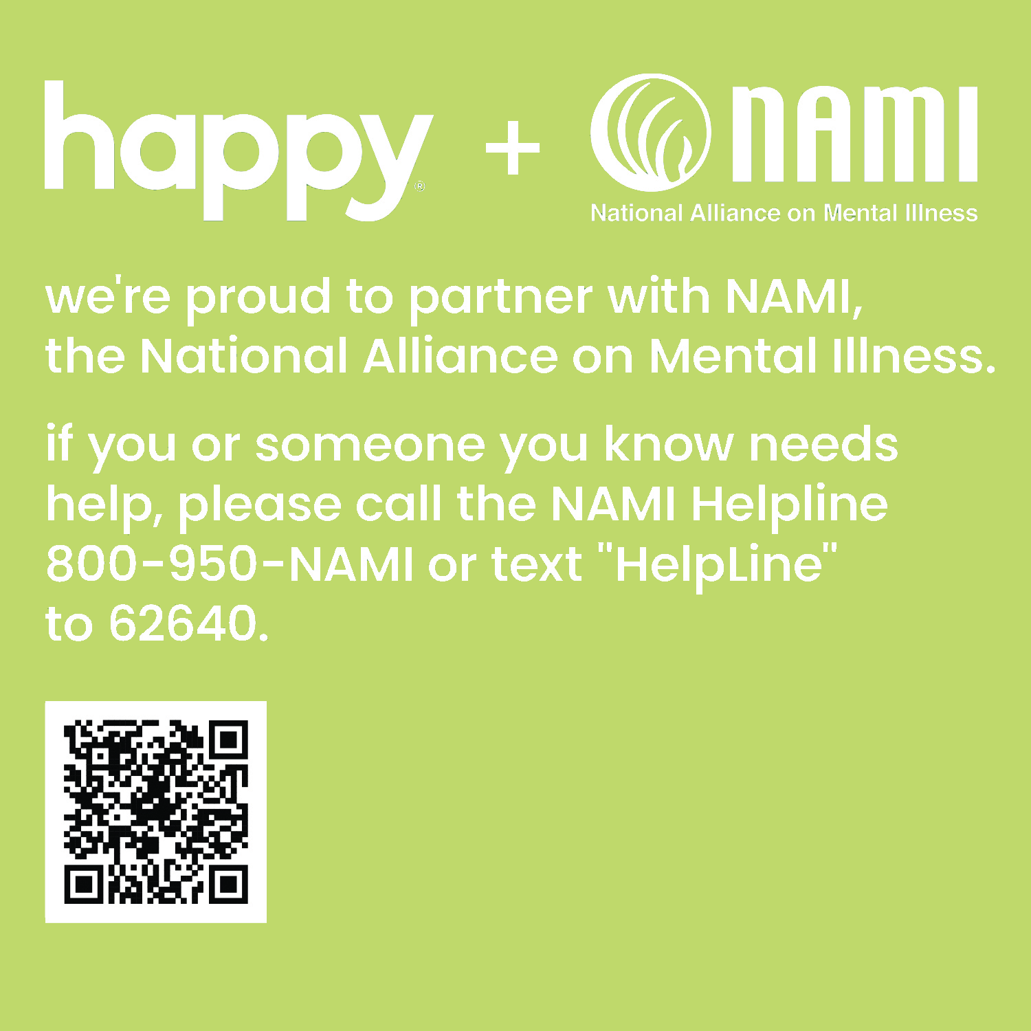 happy + NAMI (National Alliance on Mental Illness) with contact information on a green background