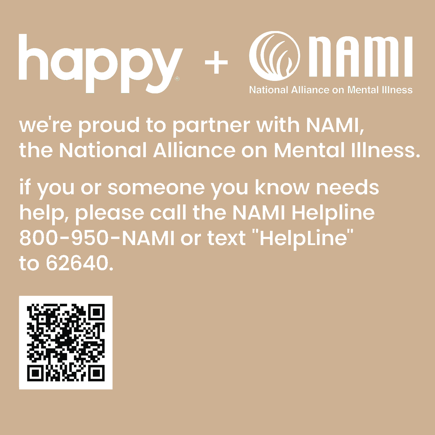 'happy' and NAMI logos on a brown background with contact information.