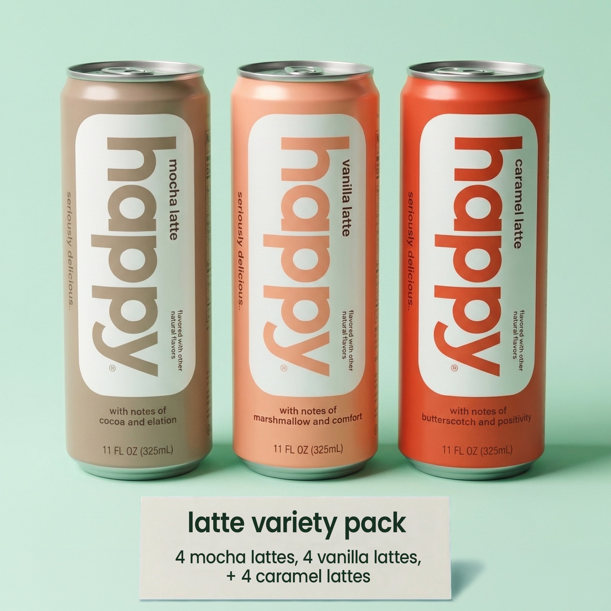 3 Happy Lattes on a light green background with a sign in front that says latte variety pack