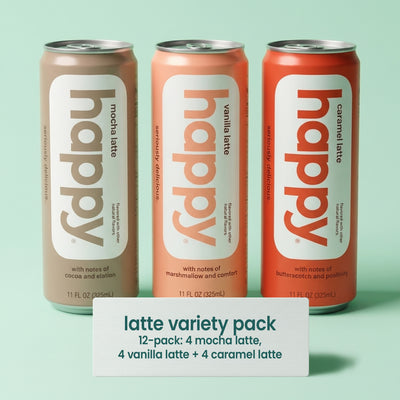 3 Happy Lattes on a light green background with a sign in front that says latte variety pack