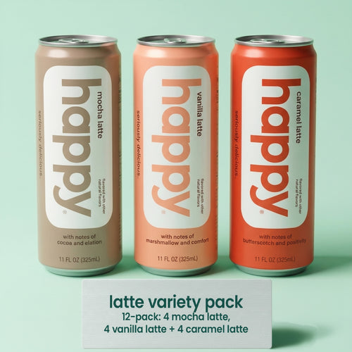 3 Happy Lattes on a light green background with a sign in front that says latte variety pack