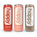 Three cans of happy lattes from in different flavors on a white background.