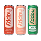 Three cans of happy lattes from in different flavors on a white background.