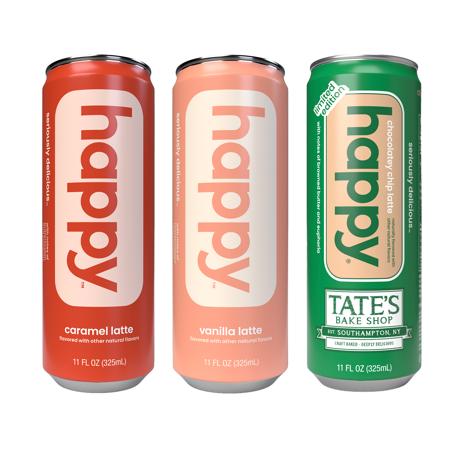 Three cans of happy lattes from in different flavors on a white background.