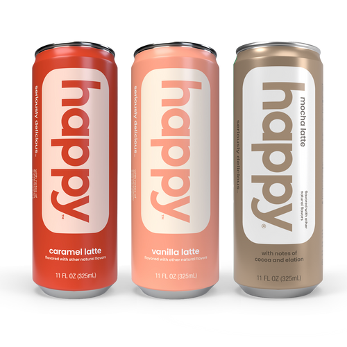 Three cans of happy lattes from in different flavors on a white background.
