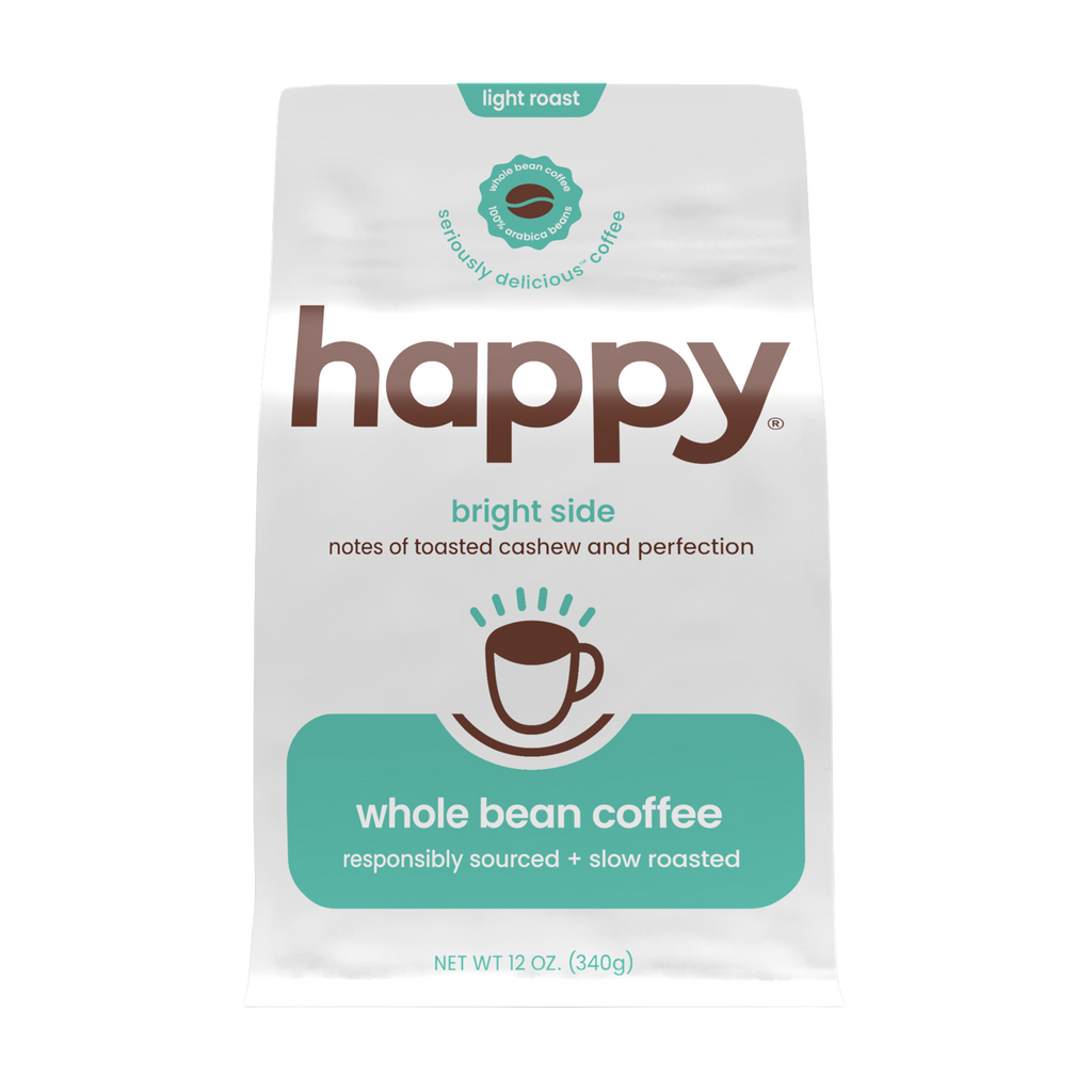 Happy whole bean coffee package on a white background