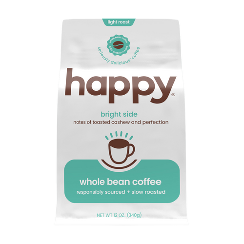Happy whole bean coffee package on a white background