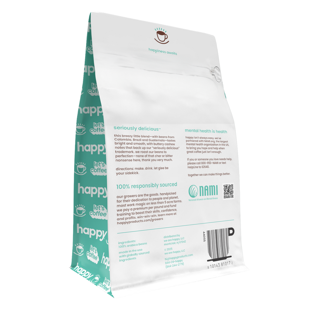 Happy Coffee package with visible branding and text on a white background