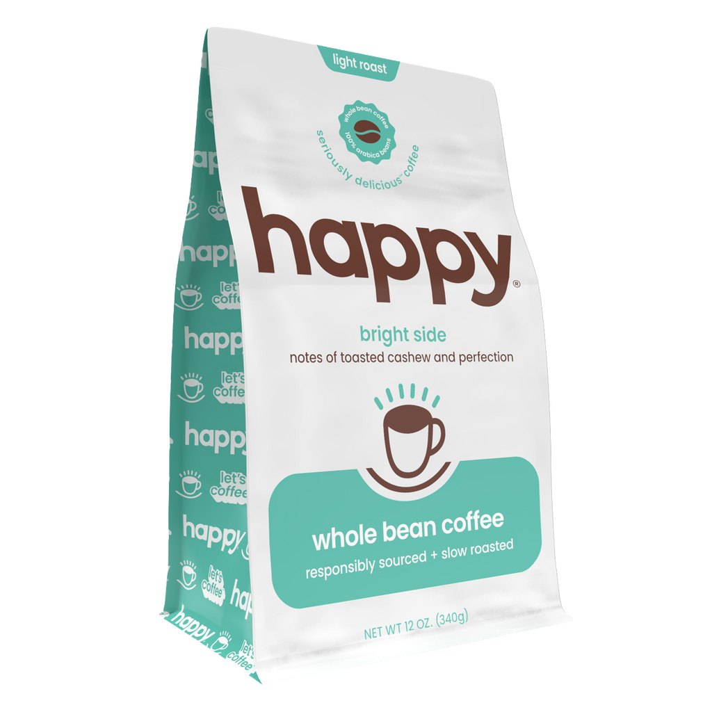 Happy whole bean coffee package on a white background