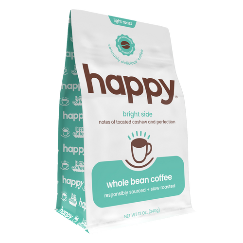 Happy whole bean coffee package on a white background