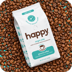 A white bag of Happy Bright Side light roast ground coffee, surrounded by scattered roasted coffee beans on a teal background.