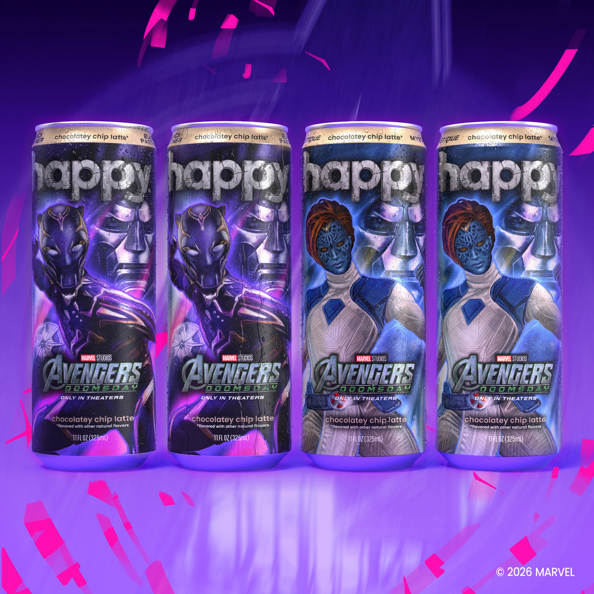 Four Happy Coffee x Marvel Avengers Chocolatey Chip LAttes lined up against a purple and pink confetti background. The cans feature character artwork of Black Panther and Mystique