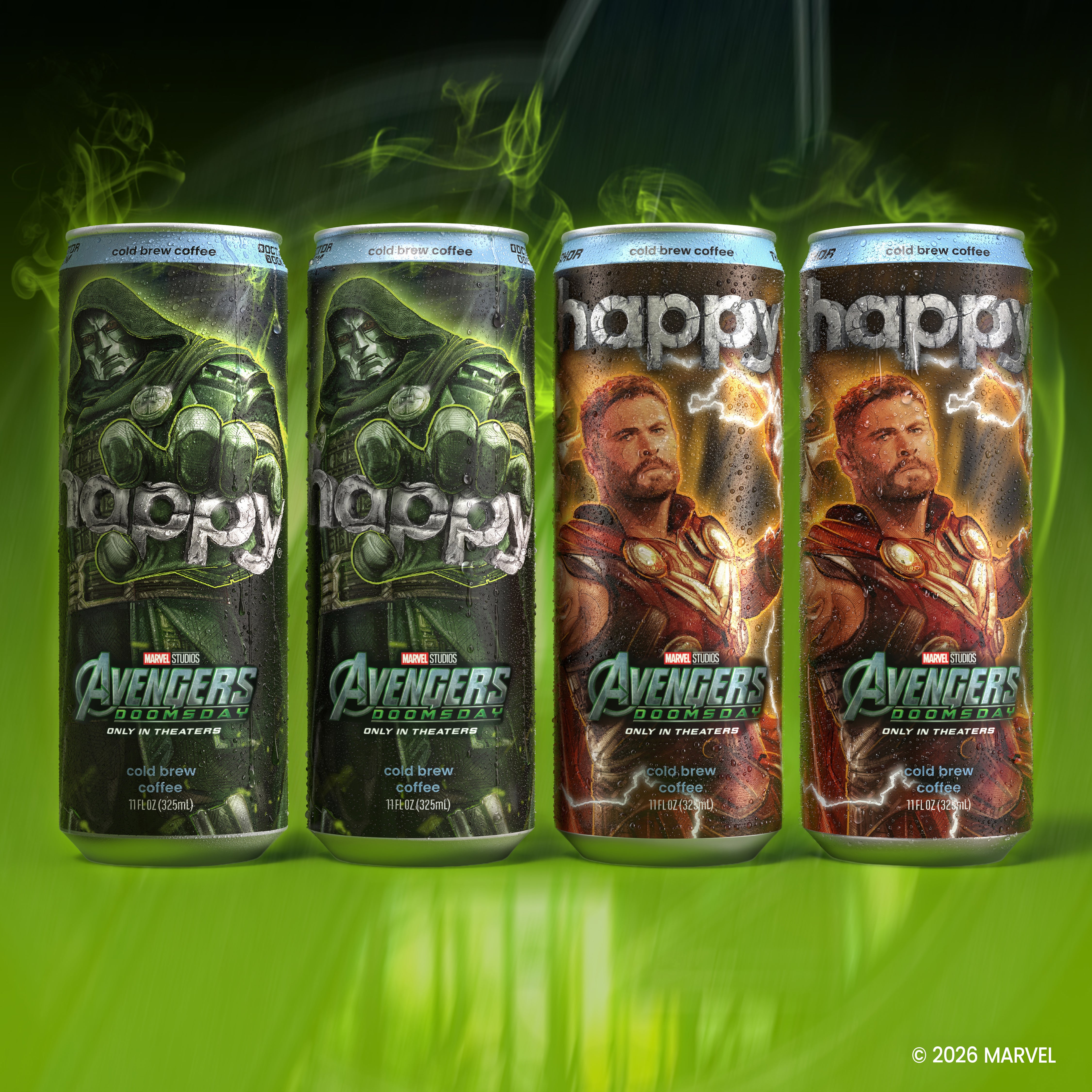 Four Marvel Avengers cold brew coffee cans lined up against a dark green background with glowing green energy effects. The cans feature character artwork including Doctor Doom and Thor with the words 'happy' and 'Marvel Avengers' visible.