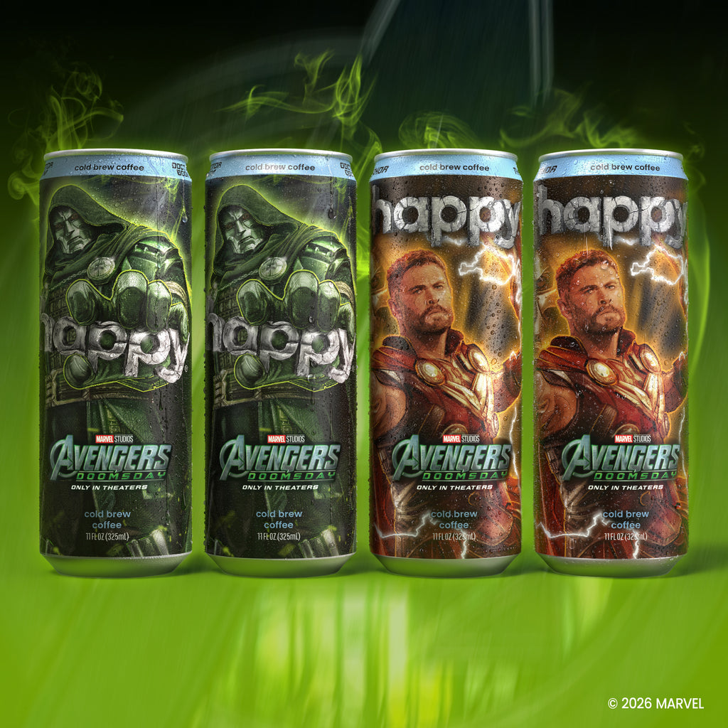 Four Marvel Avengers cold brew coffee cans lined up against a dark green background with glowing green energy effects. The cans feature character artwork including Doctor Doom and Thor with the words 'happy' and 'Marvel Avengers' visible.