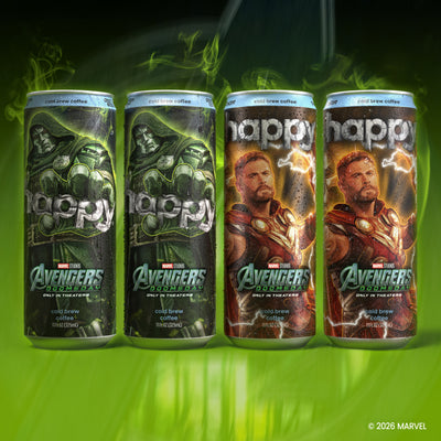 Four Marvel Avengers cold brew coffee cans lined up against a dark green background with glowing green energy effects. The cans feature character artwork including Doctor Doom and Thor with the words 'happy' and 'Marvel Avengers' visible.