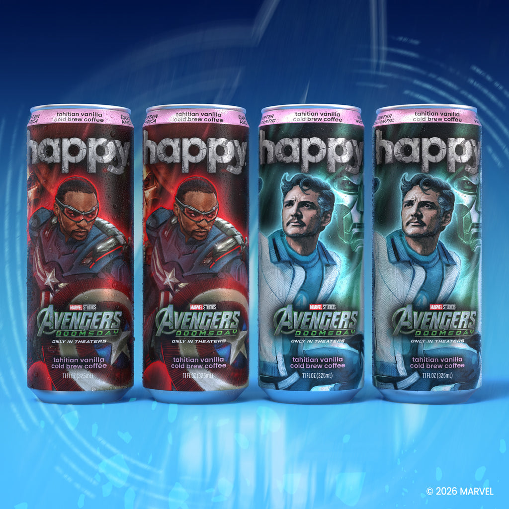 Four Happy Coffee x Marvel Avengers canned coffee products lined up against a blue digital background. The cans feature character artwork of Sam Wilson and Mr Fantastic, with Tahitian Vanilla cold brew coffee.