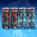 Four Happy Coffee x Marvel Avengers canned coffee products lined up against a blue digital background. The cans feature character artwork of Sam Wilson and Mr Fantastic, with Tahitian Vanilla cold brew coffee.