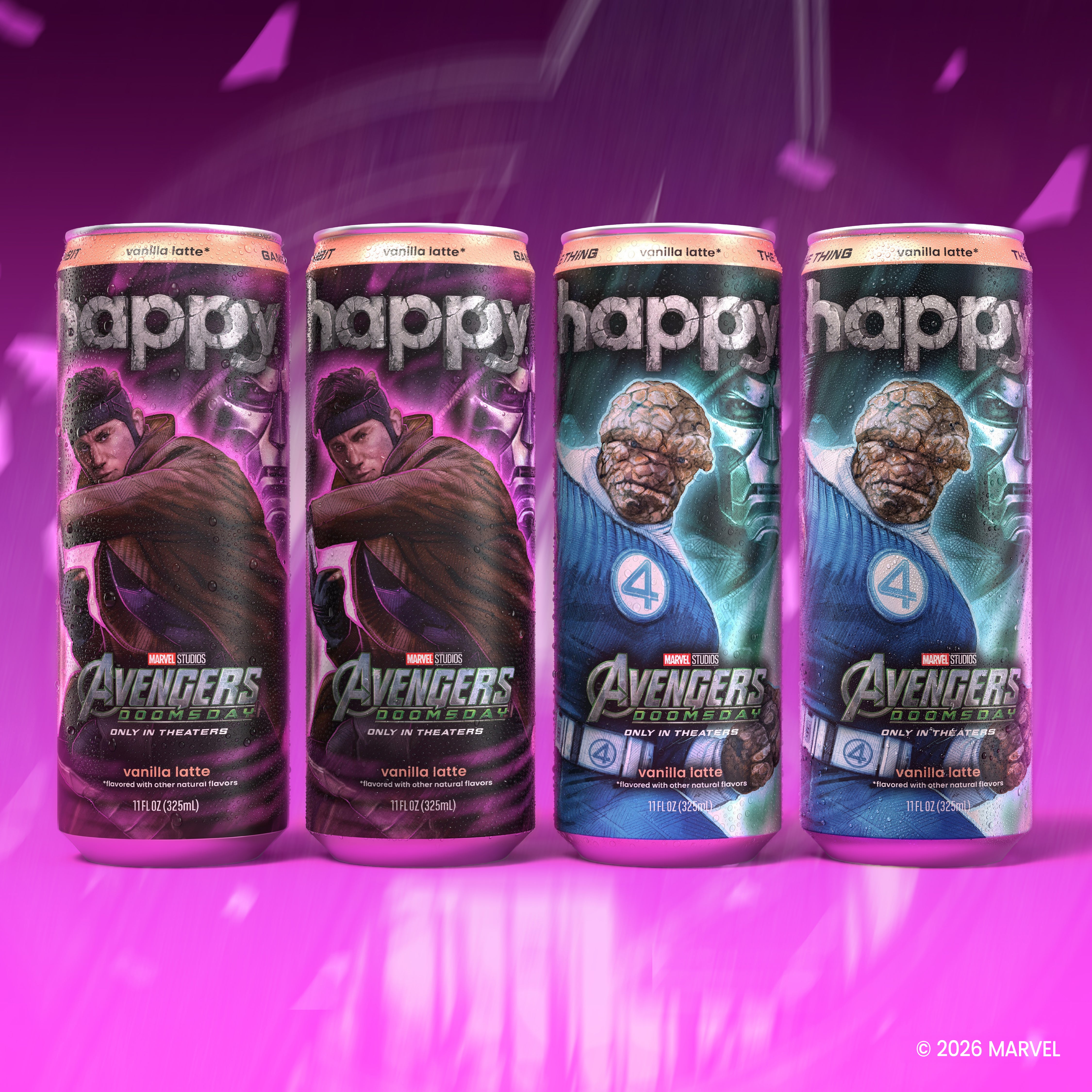 Four cans of Happy Marvel Avengers The Fantastic Four and Gambit Vanilla Lattes are lined up against a vibrant purple and pink background. 