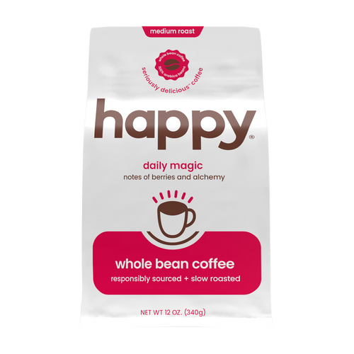 Happy whole bean coffee package on a white background