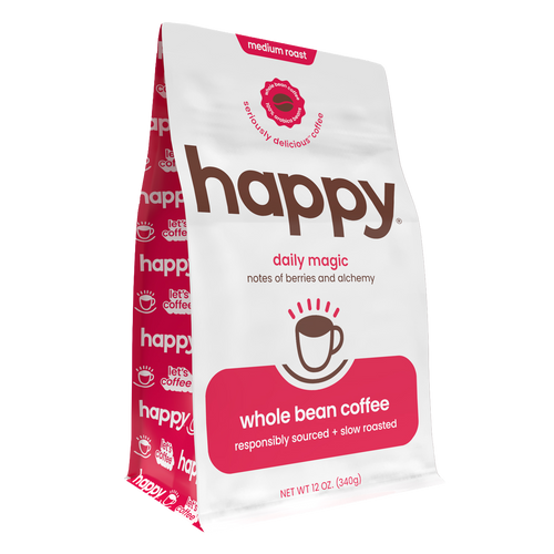 Happy whole bean coffee bag with red and white design on a white background