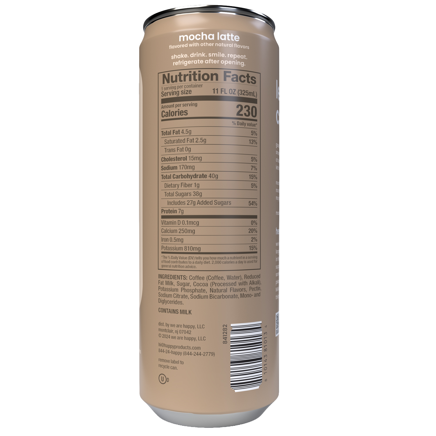 Mocha latte can with nutrition facts label on a white background
