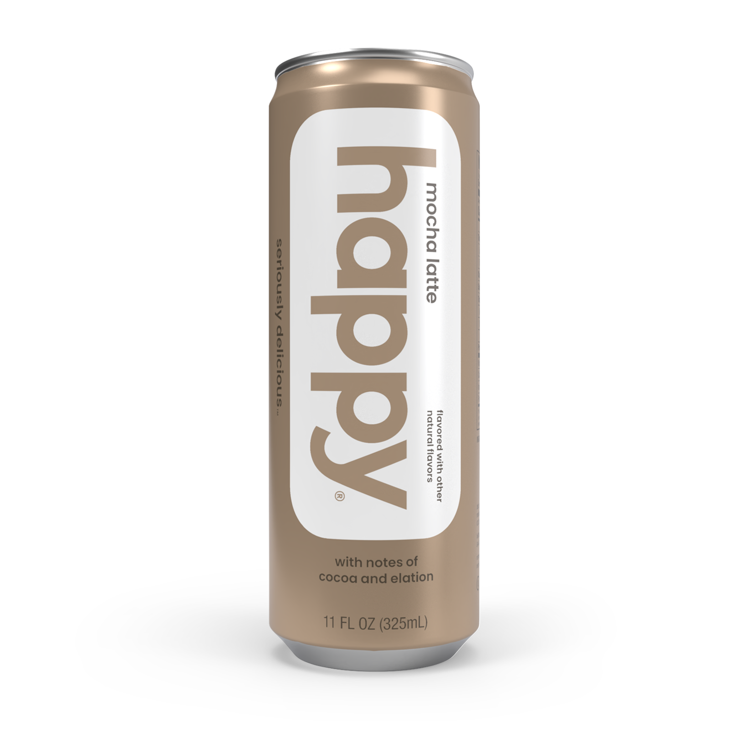 Can of 'happy' mocha latte on a white background