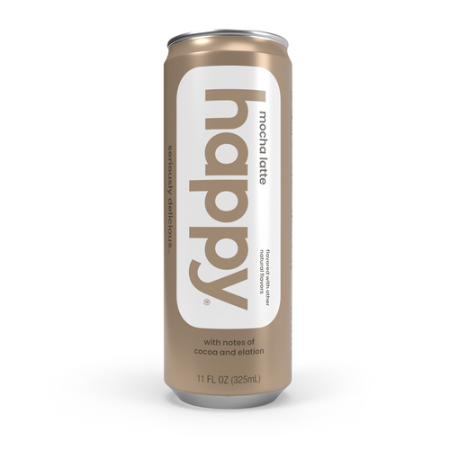 Can of 'happy' mocha latte on a white background