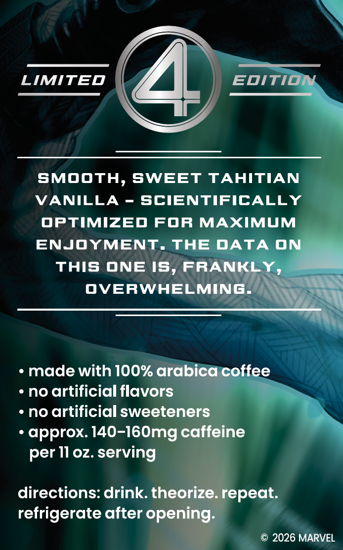 A promotional graphic for Marvel's Limited Edition Tahitian Vanilla coffee, featuring the silver Marvel logo and a stylized '4' emblem. The background shows a close-up of a greenish-blue coffee cup with frothy foam.