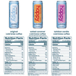 Three cans of 'happy' cold brew coffee with nutrition facts displayed below.