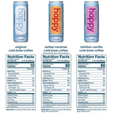 Three cans of 'happy' cold brew coffee with nutrition facts displayed below.